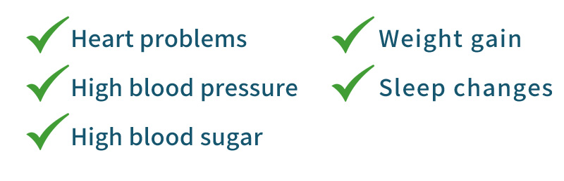 Heart problems, high blood pressure, high blood sugar, weight gain, sleep changes